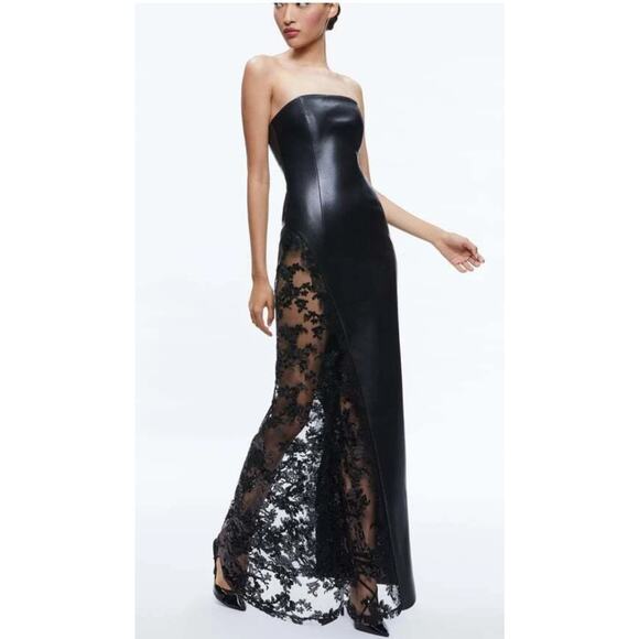 ALICE + OLIVIA Retha strapless vegan leather black sequined gown Maxi Dress Sz 0 - Picture 1 of 16